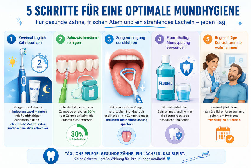 Infografik „5 Schritte für eine optimale Mundhygiene“ mit Illustrationen zu zweimal täglichem Zähneputzen, Reinigung der Zahnzwischenräume, Zungenreinigung, fluoridhaltiger Mundspülung und regelmäßigen zahnärztlichen Kontrollterminen.