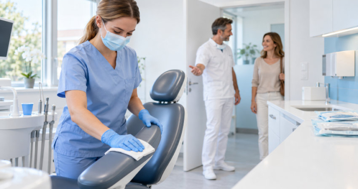 Eine Mitarbeiterin desinfiziert mit Handschuhen und Mundschutz die Armlehne eines Behandlungsstuhls in einer hellen Zahnarztpraxis. Im Hintergrund begrüßt ein Zahnarzt eine Patientin. Das Bild veranschaulicht sorgfältige Hygiene und eine vertrauensvolle Atmosphäre.