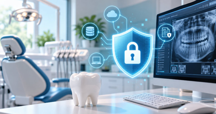 IT-Sicherheit in der Zahnarztpraxis: Digitales Schutzschild mit Schloss symbolisiert den Schutz sensibler Patientendaten und digitaler Röntgenbilder