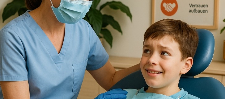 Das Bild zeigt eine freundliche Szene in einer modernen Zahnarztpraxis. Im Vordergrund sitzt ein etwa 8-jähriger Junge in einem blauen Behandlungsstuhl. Anfangs wirkt er leicht angespannt, entspannt sich jedoch sichtbar durch die beruhigende Ausstrahlung der Zahnärztin, die ihm einfühlsam zulächelt. Sie trägt eine hellblaue Kasack, Einmalhandschuhe, einen Mundschutz und eine Brille. Der Junge hält einen gelben Anti-Stress-Ball in der Hand und schaut sie vertrauensvoll an. Die Atmosphäre ist hell und beruhigend. Im Hintergrund befinden sich grüne Zimmerpflanzen sowie ein Informationsposter mit Tipps für entspannte Zahnarztbesuche – darunter „Tief durchatmen“, „Musik hören“ und „Vertrauen aufbauen“. Das Bild vermittelt Sicherheit, Empathie und eine positive Erfahrung beim Zahnarzt.