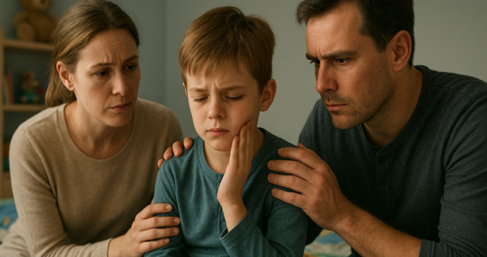 Das Bild zeigt ein etwa siebenjähriges Kind in einem modernen, freundlichen Kinderzimmer. Der Junge sitzt auf dem Bett, wirkt müde und hält sich den Kiefer, als ob er Zahnschmerzen oder Beschwerden durch Zähneknirschen hätte. Links und rechts sitzen die Eltern dicht bei ihm, beide mit ernsten, besorgten Gesichtsausdrücken. Die Mutter legt beruhigend ihre Hand auf die Schulter des Kindes, während der Vater ebenfalls Halt spendet, indem er ihm eine Hand auf den Rücken legt. Im Hintergrund ist ein Regal mit einem Teddybär und Kinderbüchern zu sehen, was die häusliche, kindgerechte Atmosphäre unterstreicht. Die Szene wirkt realistisch, vermittelt aber subtil die emotionale Anspannung und Fürsorge in der Familie.