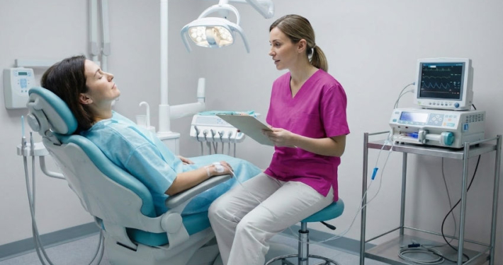 Das Bild zeigt eine Behandlungssituation in einer modernen Zahnarztpraxis. Eine Patientin liegt entspannt in einem Zahnarztstuhl und trägt einen Behandlungsumhang. An ihrem Arm ist ein intravenöser Zugang gelegt, der auf eine Sedierung oder medizinische Überwachung hinweist. Neben ihr sitzt eine medizinische Fachkraft in pinkfarbener Arbeitskleidung auf einem Hocker und hält ein Klemmbrett in der Hand, während sie die Patientin aufmerksam beobachtet oder mit ihr spricht. Im Hintergrund befinden sich typische Geräte einer Zahnarztpraxis: eine Behandlungsleuchte über dem Stuhl, ein Instrumentenarm sowie ein Monitor mit Vitaldatenanzeige. Die Szene vermittelt eine ruhige, kontrollierte Behandlungssituation, möglicherweise im Zusammenhang mit einer IV-Sedierung (Dämmerschlaf)