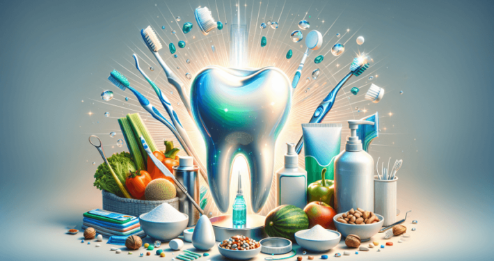 Ein dynamisches und farbenfrohes Bild, das eine große, leuchtende Zahnsilhouette in der Mitte zeigt, umgeben von verschiedenen Gegenständen der Mundhygiene und gesunden Lebensmitteln. Zahnbürsten, Zahnseide, Mundwasser, Interdentalbürsten und eine elektrische Zahnbürste fliegen wie in einer Explosion um den Zahn herum, zusammen mit frischem Gemüse, Früchten, Nüssen und Milchprodukten, die alle zur Gesundheit der Zähne beitragen. Das Bild strahlt eine Atmosphäre von Sauberkeit und Gesundheit aus und betont die Bedeutung einer ganzheitlichen Mundpflege und Ernährung für ein strahlendes Lächeln.