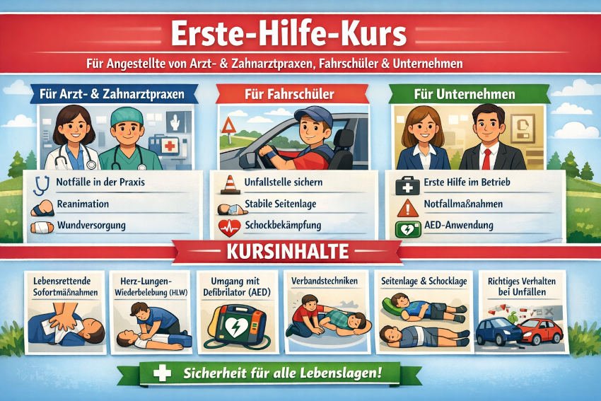Infografik Erste-Hilfe-Kurs für Unternehmen, Privatpersonen, Fahrschüler und Angestellte von Arzt- und Zahnarztpraxen