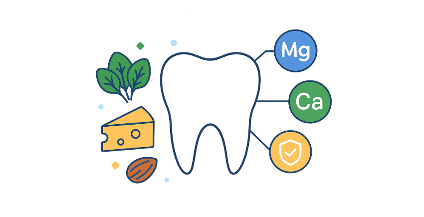 Grafik eines Zahns mit Symbolen für Calcium (Ca), Magnesium (Mg) und Schutz, umgeben von Spinat, Käse und Mandeln als mineralstoffreiche Lebensmittel.