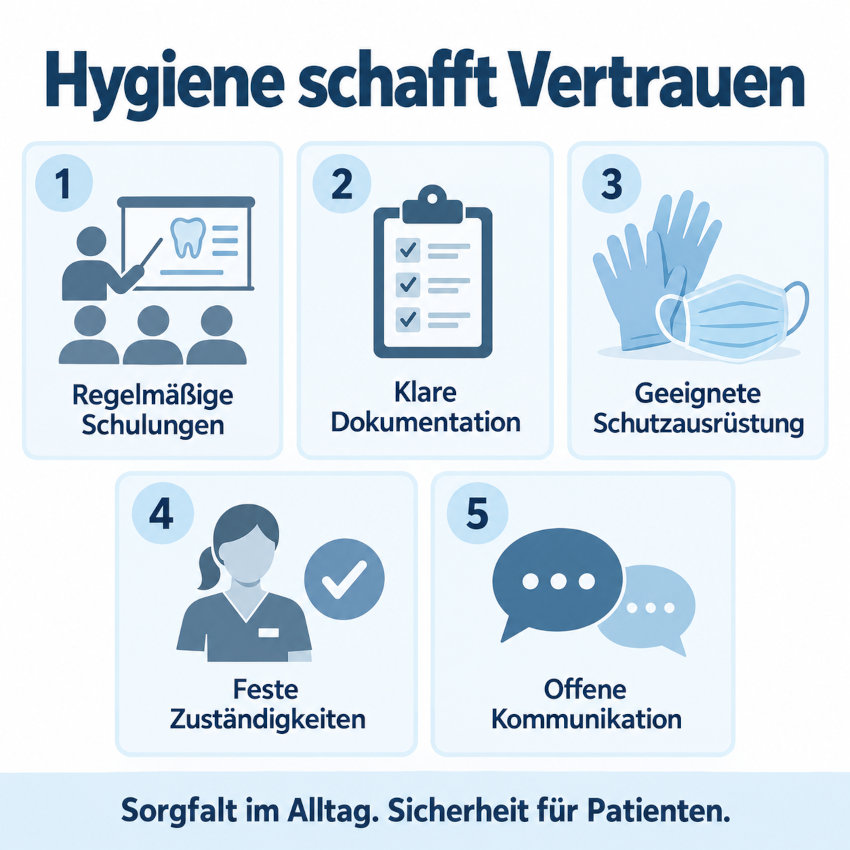Die quadratische Infografik in Hellblau und Weiß zeigt fünf Grundlagen eines gelebten Hygienekonzepts: regelmäßige Personalschulungen, nachvollziehbare Dokumentation der Reinigung und Aufbereitung, geeignete Schutzausrüstung, feste Zuständigkeiten für Kontrollen und Nachbesserungen sowie klare Kommunikation mit Besuchern und Angehörigen. Passende Symbole veranschaulichen jeden Punkt.
