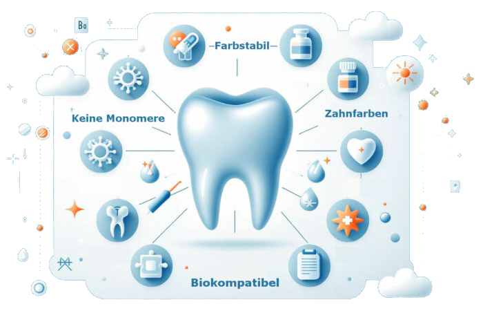 Eine Infografik die die bioverträglichkeit von bestimmten Kompositmaterialien verdeutlicht. In der Mitte befindet sich ein Zahn umrundet von verschiedenen zahnmedizinischen Symbole alternierend mit kurze schriftliche Botschaften wie Zahnfarben, Biokompatibel, Farbstabil, keine Monomere