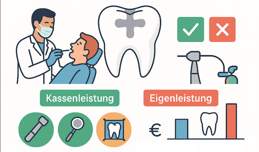 Die Infografik zeigt zentral einen großen Seitenzahn mit einer silberfarbenen Amalgamfüllung. Links daneben ist eine Szene mit einem Zahnarzt und einem Patienten dargestellt. Rechts vom Zahn befinden sich Symbole für eine zahnärztliche Behandlung, darunter ein Bohrer, ein Sauger sowie grüne und rote Icons mit Häkchen und Kreuz. Unten im Bild sind grün hinterlegte Symbole für Kassenleistungen (Bohrer, Zahnspiegel), orange hervorgehobene Elemente für Eigenleistungen (z. B. Kofferdam) sowie ein Diagramm zu sehen: Die Kosten für eine Zementfüllung sind niedriger und in blau dargestellt, während die deutlich höheren Kosten für eine Kompositfüllung rot eingefärbt sind.