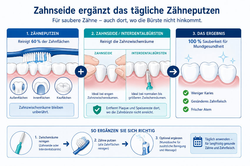 Die Infografik mit blau-weißer Gestaltung trägt die Überschrift „Zahnseide ergänzt das tägliche Zähneputzen“ und verdeutlicht, wie Zahnseide bzw. Interdentalbürsten die tägliche Zahnpflege ergänzen.

Die Darstellung ist in drei Hauptbereiche gegliedert:

Zähneputzen:
Eine Zahnbürste reinigt die Außen-, Innen- und Kauflächen der Zähne. Ein Hinweis zeigt, dass dabei etwa 60 % der Zahnflächen erreicht werden, während die Zahnzwischenräume weitgehend unberührt bleiben.
Zahnseide und Interdentalbürsten:
In der Mitte werden zwei Methoden zur Reinigung der Zahnzwischenräume dargestellt. Zahnseide wird zwischen eng stehenden Zähnen eingesetzt, während Interdentalbürsten größere Zwischenräume reinigen. Beide Hilfsmittel entfernen Plaque und Speisereste an Stellen, die mit der Zahnbürste nicht erreichbar sind.
Das Ergebnis:
Saubere Zähne und gesundes Zahnfleisch werden symbolisch durch strahlende Zahnreihen dargestellt. Als Vorteile werden weniger Karies, gesünderes Zahnfleisch und frischer Atem hervorgehoben.

Im unteren Bereich zeigt ein Ablaufdiagramm die empfohlene Reihenfolge der Mundpflege: Reinigung der Zahnzwischenräume mit Zahnseide oder Interdentalbürsten, anschließendes Zähneputzen und optional die Verwendung einer Munddusche. Ein Kalendersymbol weist darauf hin, dass die Anwendung täglich erfolgen sollte, um langfristig gesunde Zähne und gesundes Zahnfleisch zu erhalten.
