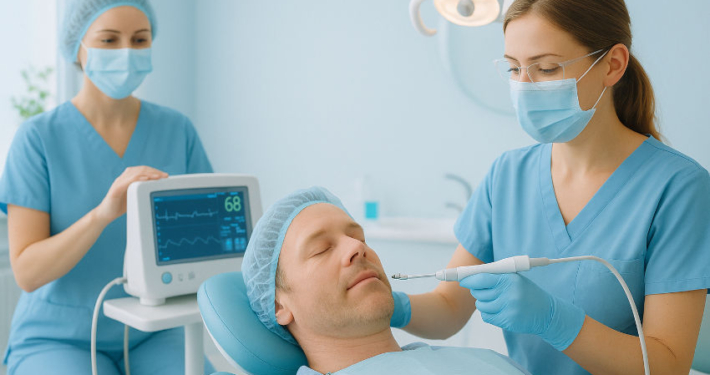 Die Szene zeigt eine helle, freundlich gestaltete Zahnarztpraxis mit beruhigender Atmosphäre in hellblauen Farbtönen. Im Mittelpunkt liegt ein entspannter Patient in Behandlung. Die Zahnärztin nutzt ein modernes, schonendes Gerät (The Wand), während eine zweite Fachkraft die Sedierung mit einem Überwachungsgerät begleitet – mögliche Hinweise auf Dämmerschlaf oder Vorbereitung zur Vollnarkose. Die Umgebung wirkt ruhig, sauber und vertrauenswürdig, mit sanftem Licht und kleinen, angstreduzierenden Details im Hintergrund.