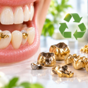 Das Titelbild zeigt Zähne mit goldhaltigen Kronen und Inlays sowie bereits entfernte Kronen, Brücken und weitere Dentallegierungen. Im Hintergrund symbolisieren ein Recyclingzeichen, eingeschmolzenes Metall und Goldbarren die fachgerechte Aufbereitung und Rückgewinnung wertvoller Edelmetalle. Die Darstellung veranschaulicht den Weg von ausgedientem Zahnersatz zum wiederverwertbaren Rohstoff und unterstreicht den materiellen und ökologischen Wert des Recyclings von Dentalgold.